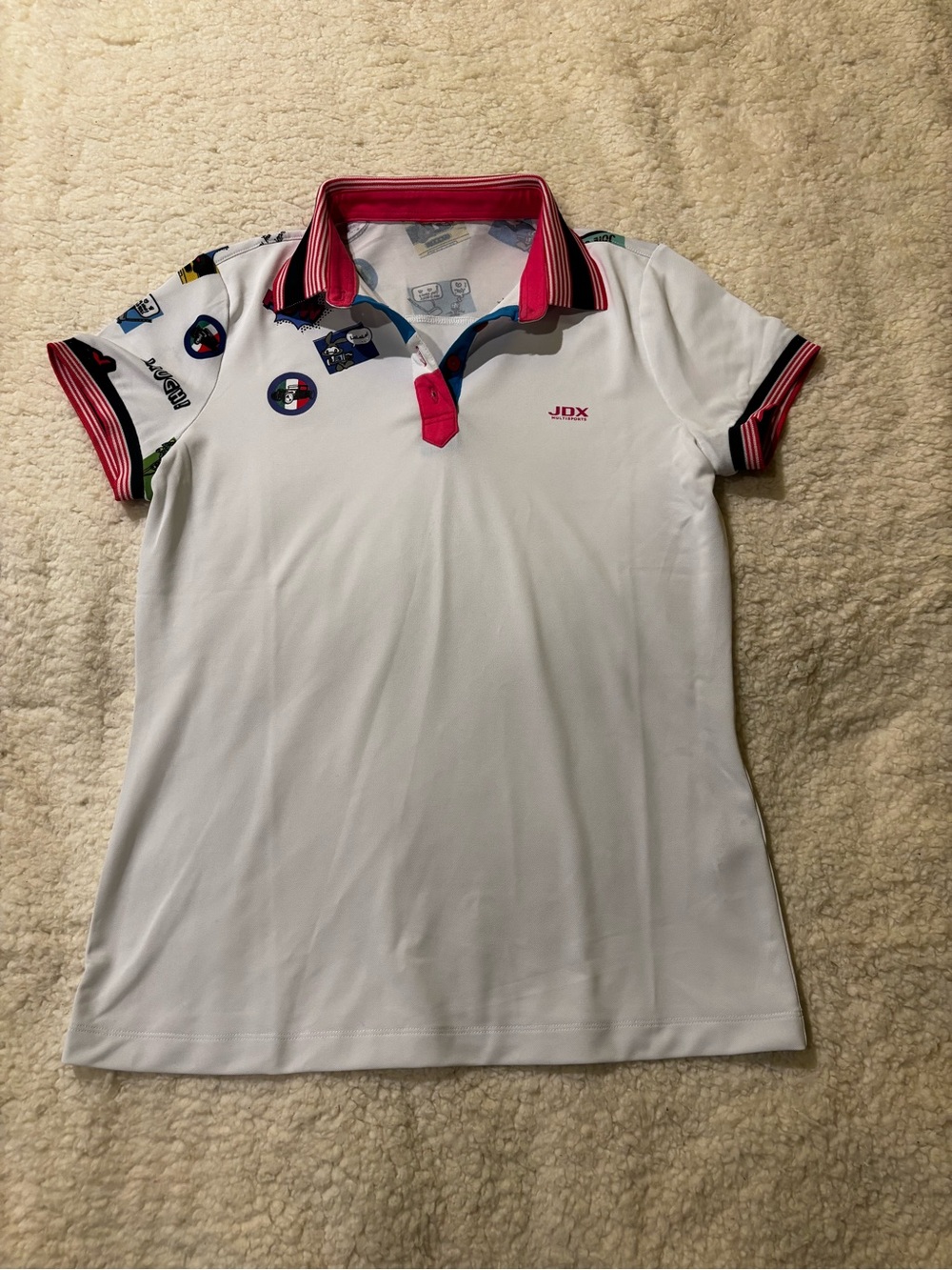 Women's White Short Sleeve Polo Tee with Pink Trim1854
